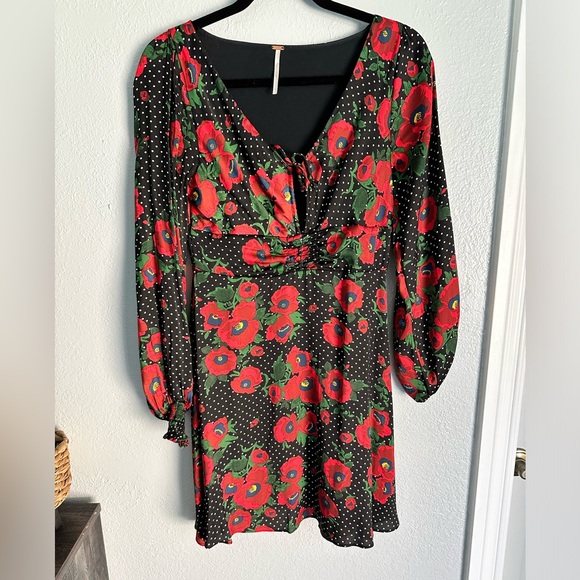 Free People - Black & Red Polka Dot & Floral Print Fit & Flare - Picture 2 of 6